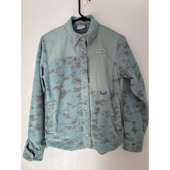 Women’s Columbia PFG Uncharted Fleece Overshirt Blue Snap Shacket sz XS - Picture 2 of 9